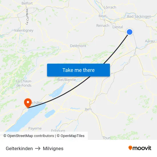 Gelterkinden to Milvignes map