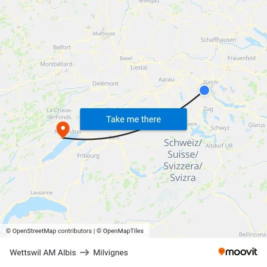 Wettswil AM Albis to Milvignes map