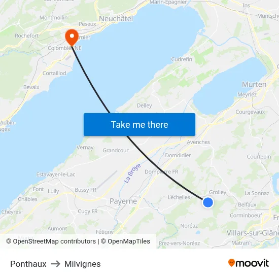 Ponthaux to Milvignes map