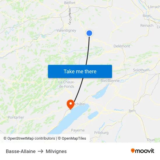 Basse-Allaine to Milvignes map