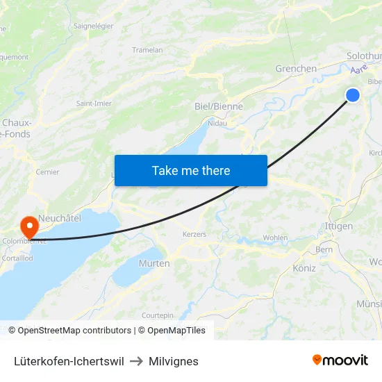 Lüterkofen-Ichertswil to Milvignes map