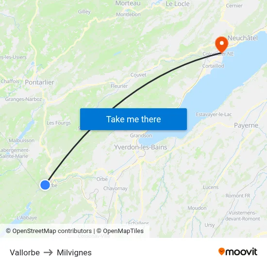 Vallorbe to Milvignes map