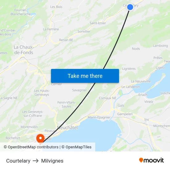 Courtelary to Milvignes map
