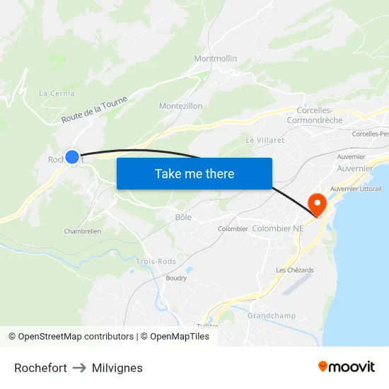 Rochefort to Milvignes map