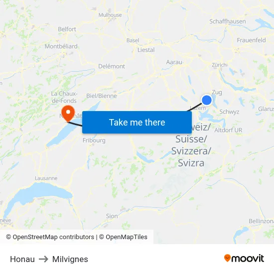 Honau to Milvignes map