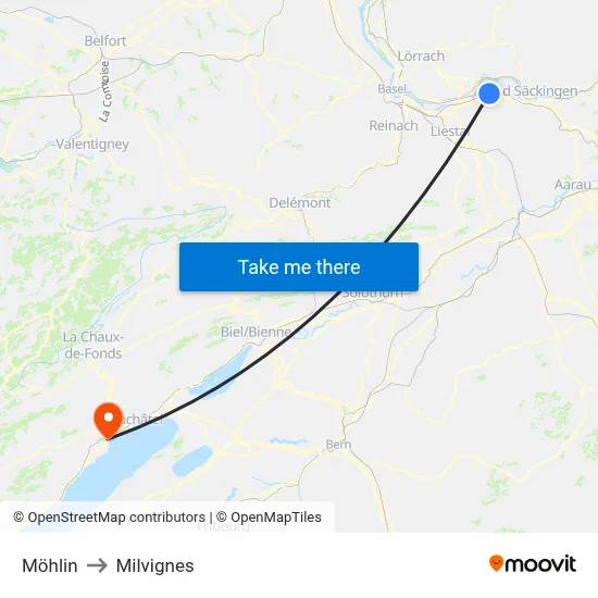 Möhlin to Milvignes map