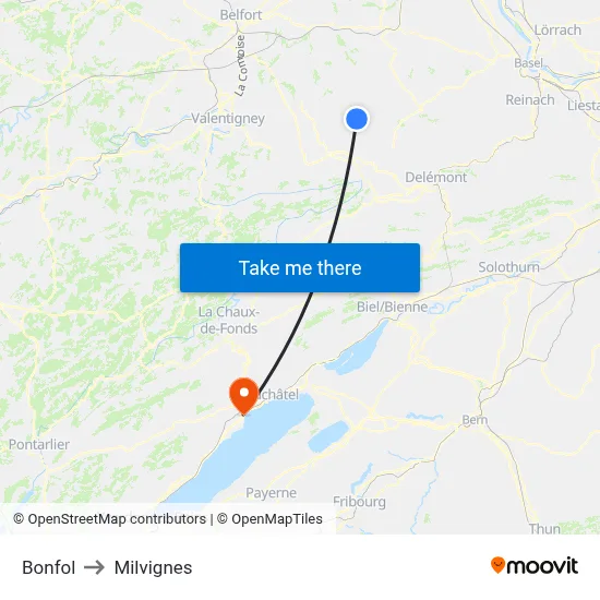 Bonfol to Milvignes map