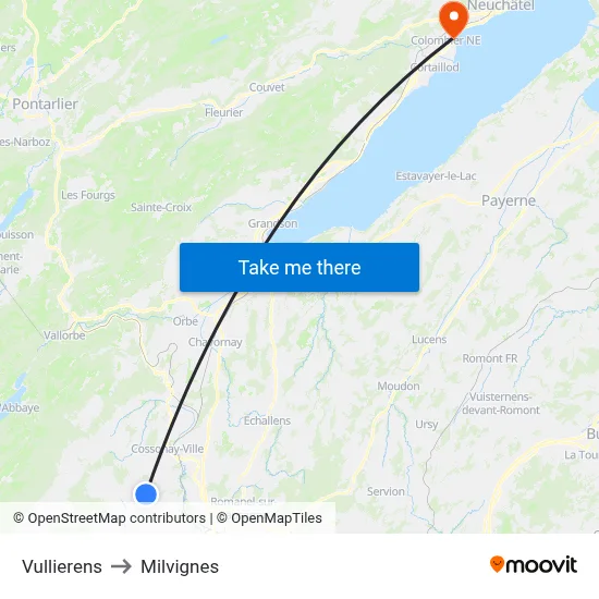 Vullierens to Milvignes map