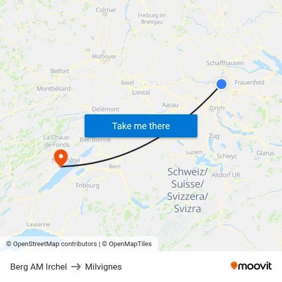 Berg AM Irchel to Milvignes map