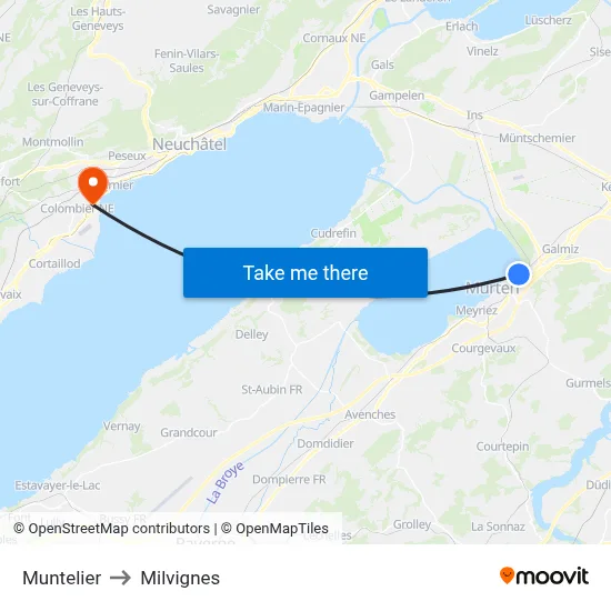 Muntelier to Milvignes map