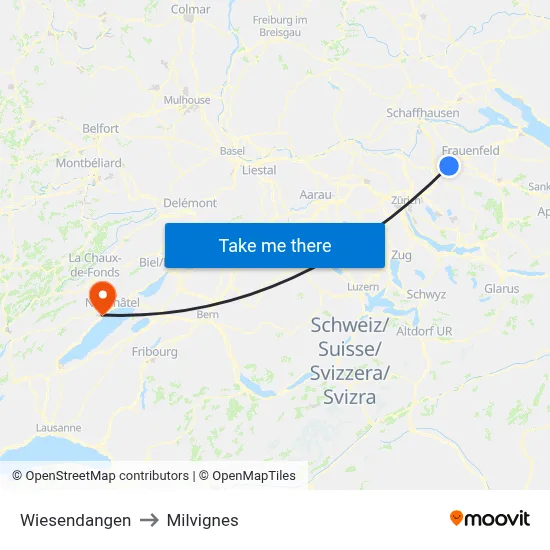 Wiesendangen to Milvignes map