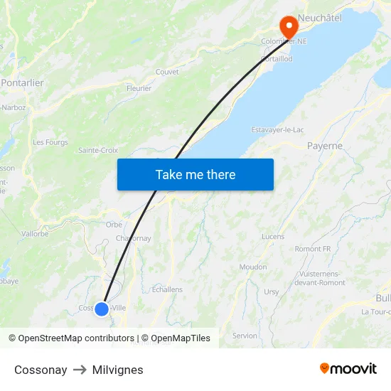 Cossonay to Milvignes map