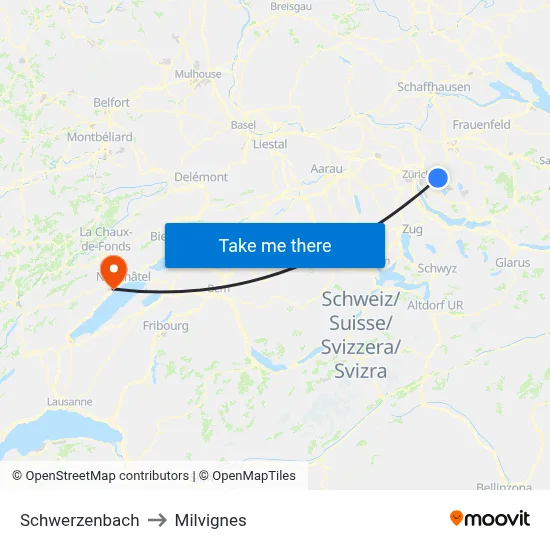 Schwerzenbach to Milvignes map