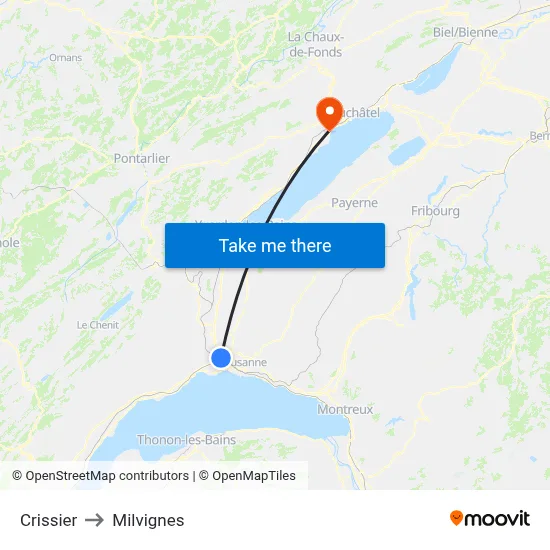 Crissier to Milvignes map