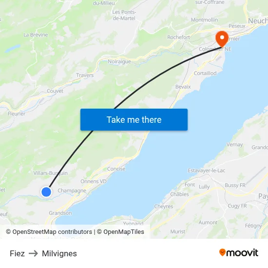 Fiez to Milvignes map
