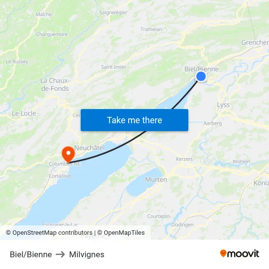Biel/Bienne to Milvignes map