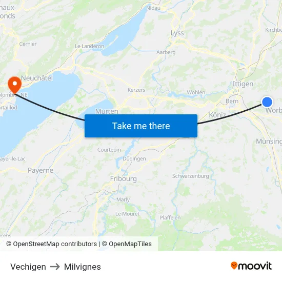 Vechigen to Milvignes map