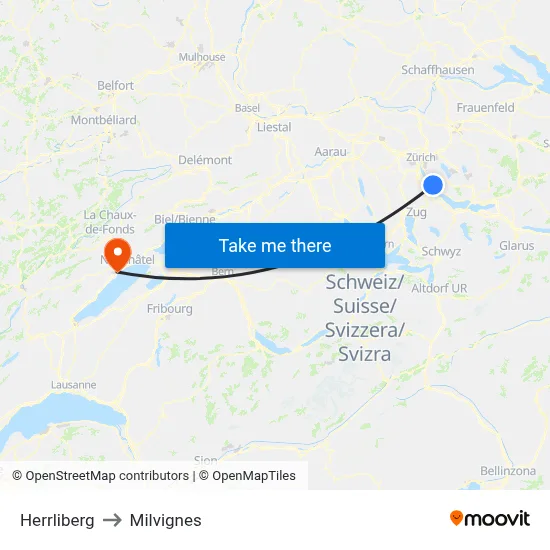 Herrliberg to Milvignes map