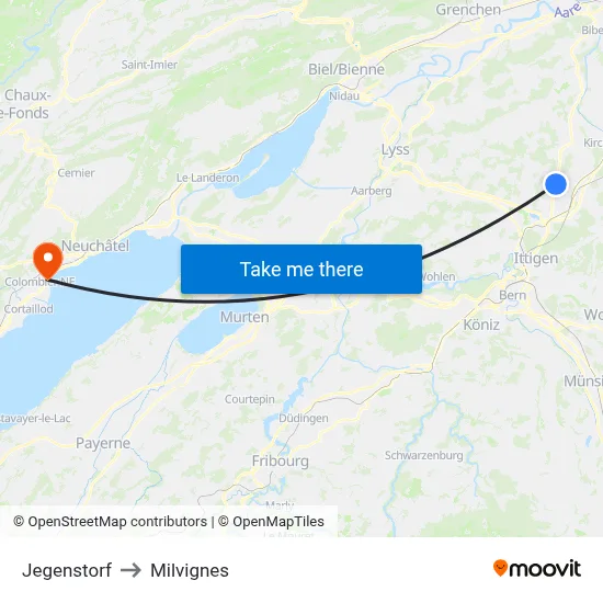 Jegenstorf to Milvignes map