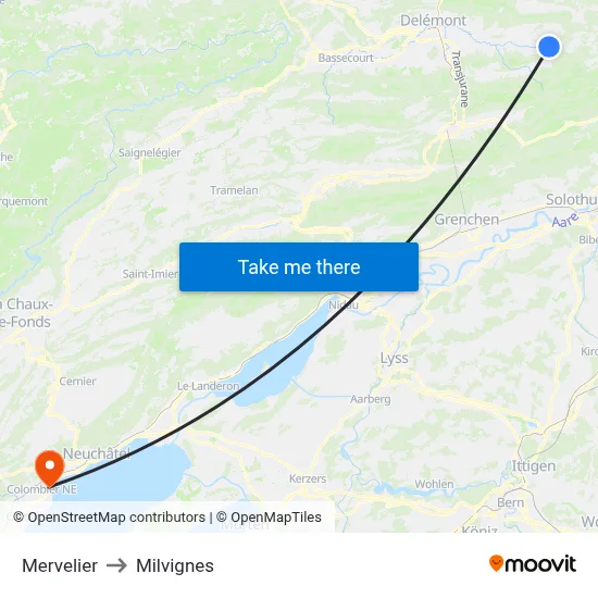 Mervelier to Milvignes map