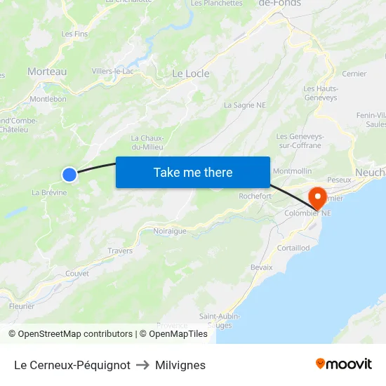 Le Cerneux-Péquignot to Milvignes map