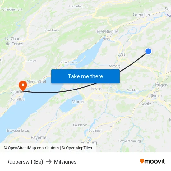 Rapperswil (Be) to Milvignes map