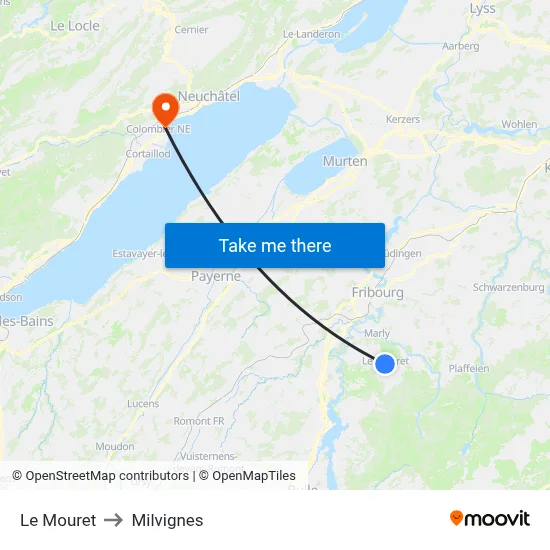 Le Mouret to Milvignes map