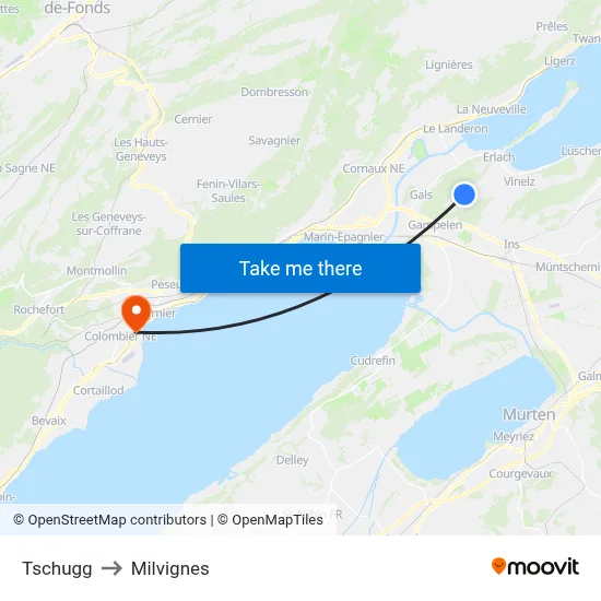 Tschugg to Milvignes map