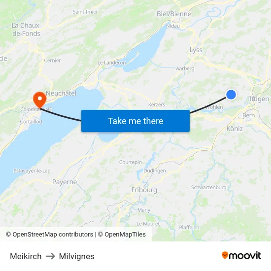Meikirch to Milvignes map