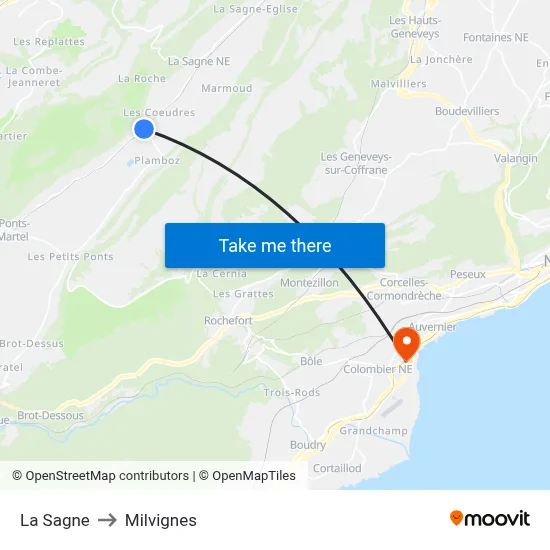 La Sagne to Milvignes map