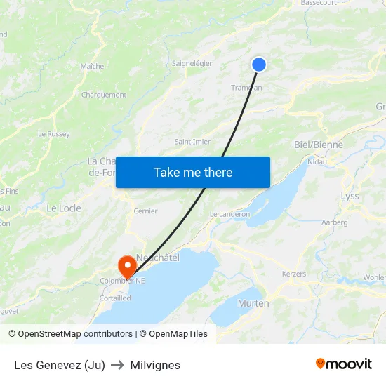 Les Genevez (Ju) to Milvignes map