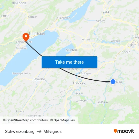Schwarzenburg to Milvignes map