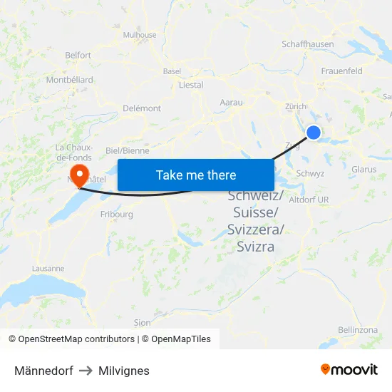 Männedorf to Milvignes map
