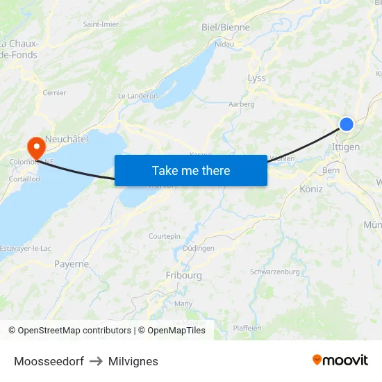 Moosseedorf to Milvignes map