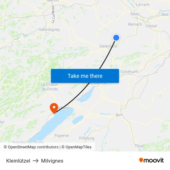 Kleinlützel to Milvignes map