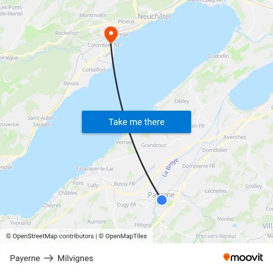 Payerne to Milvignes map