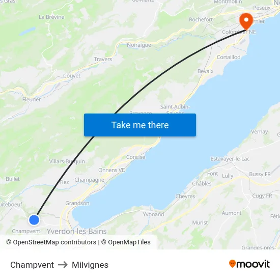 Champvent to Milvignes map