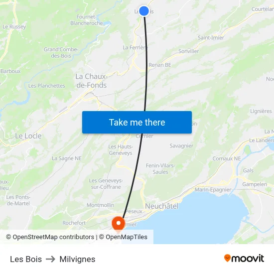 Les Bois to Milvignes map