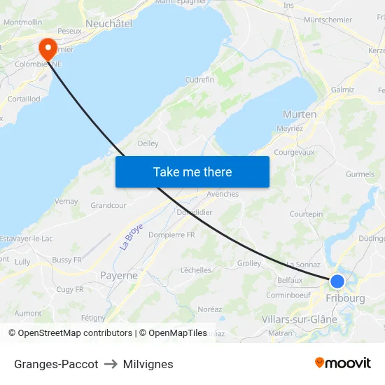 Granges-Paccot to Milvignes map