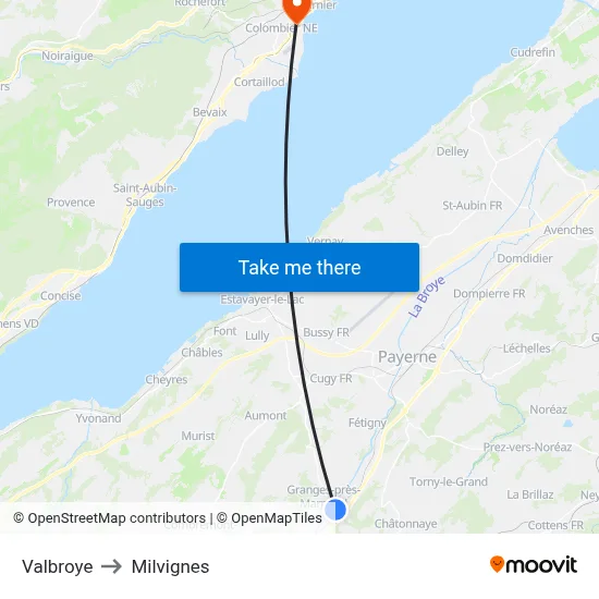 Valbroye to Milvignes map
