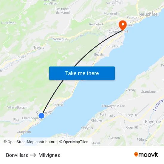 Bonvillars to Milvignes map