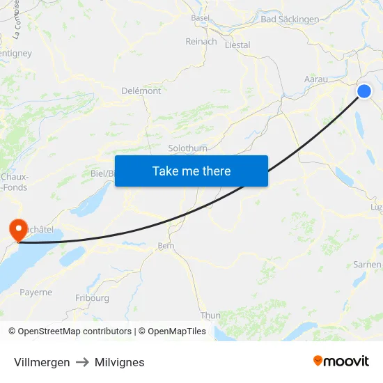 Villmergen to Milvignes map
