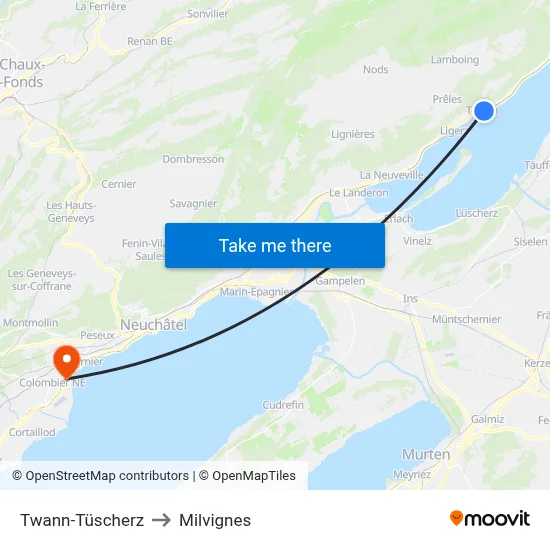Twann-Tüscherz to Milvignes map