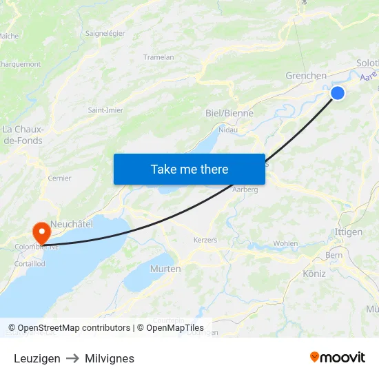 Leuzigen to Milvignes map