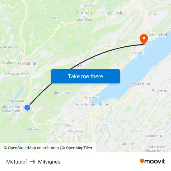 Métabief to Milvignes map