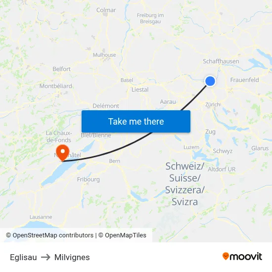 Eglisau to Milvignes map