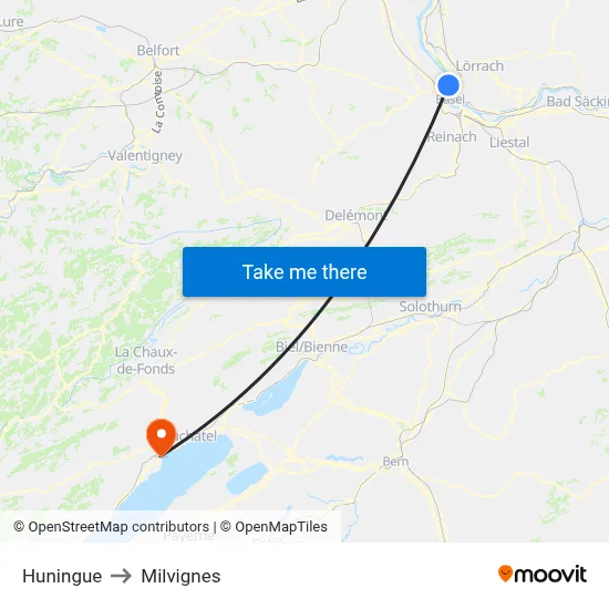 Huningue to Milvignes map