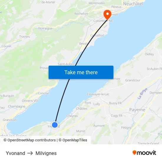 Yvonand to Milvignes map