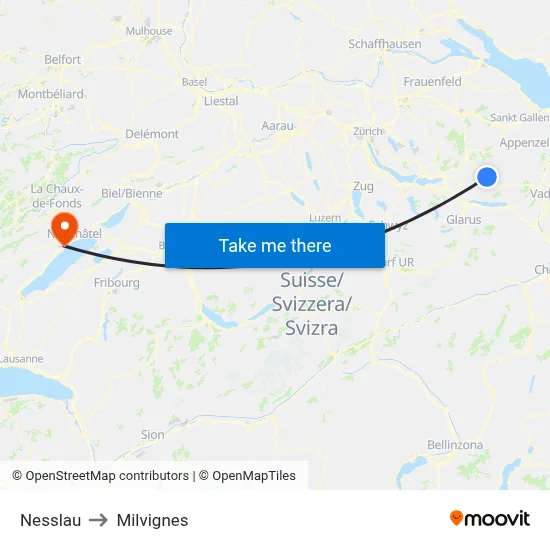 Nesslau to Milvignes map