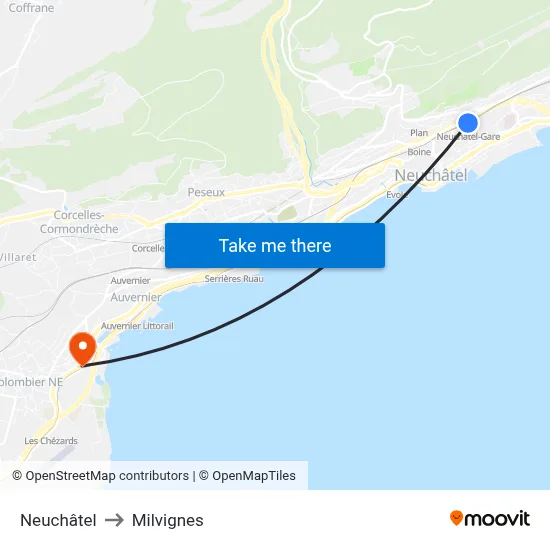 Neuchâtel to Milvignes map